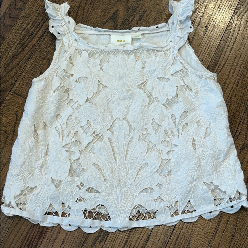 Maeve Cream Ruffled Tank Top with Embellished Lace